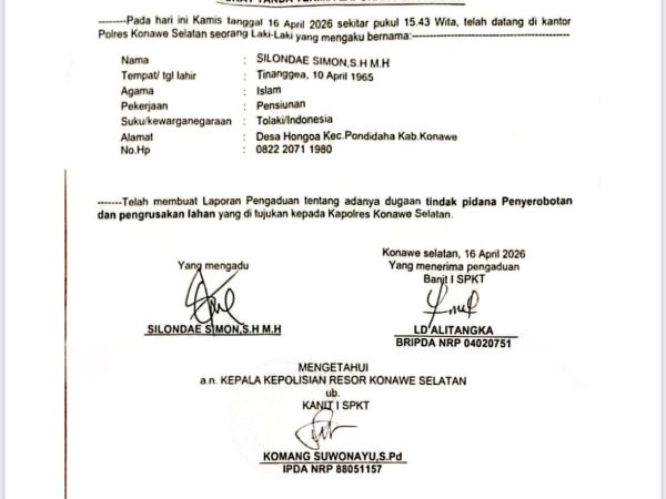 Simon Tempuh Jalur Hukum, Laporkan Dugaan Penyerobotan Lahan, Perusakan Tanaman, dan Pengancaman ke Polres Konsel